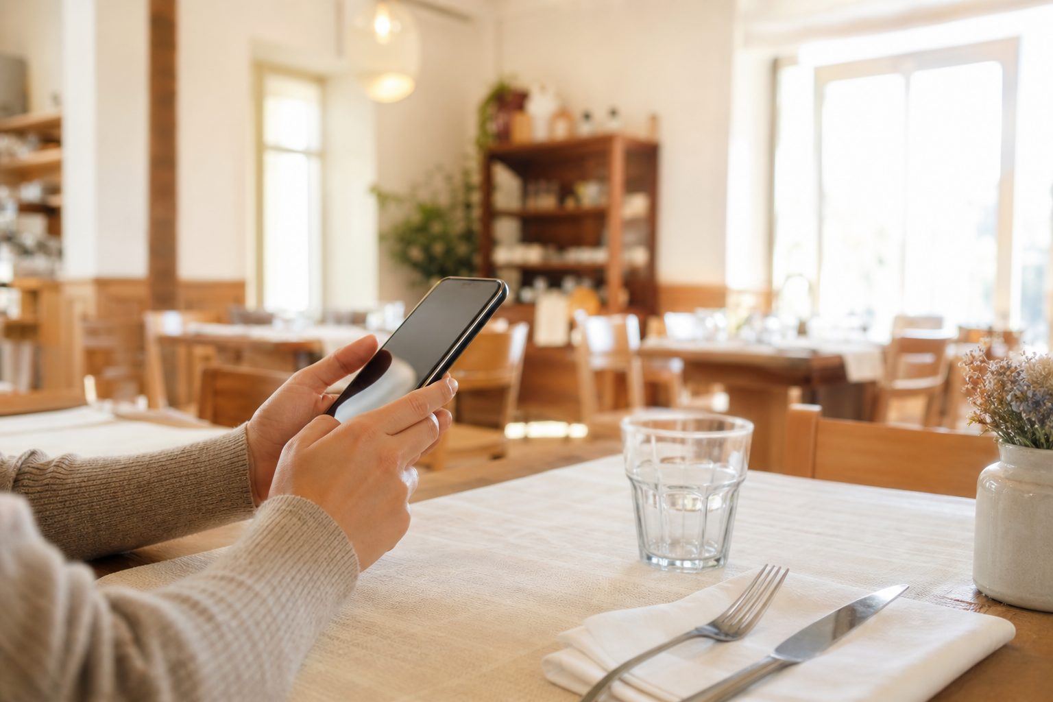 Una donna usa lo smartphone all'aperto, lo sguardo rivolto verso lo schermo tra gli alberi